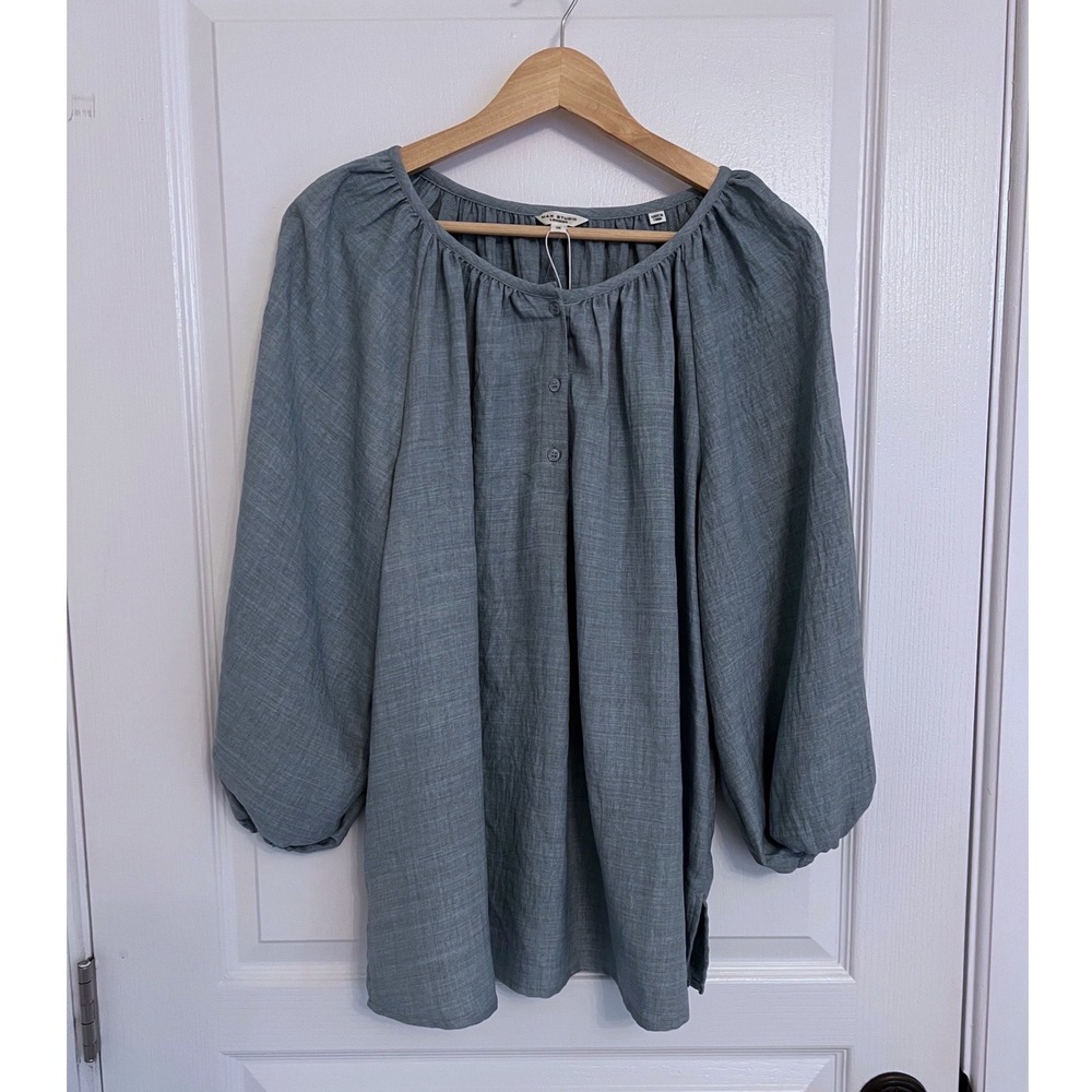 NWT Max Studio Slate Blue Puff Sleeve Peasant Blouse Linen Look 1X Beachy